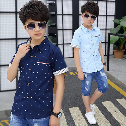 Age 4-13 Years 2023 Summer Toddler Teenage Dot School Boy Clothing Kids Boys Shirts Children Short Sleeve Clothes Tops