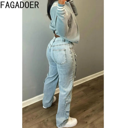 FAGADOER Vintage Fashion Denim Pocket Cargo Pants Women High Waisted Button Straight Jean Trousers Casual Female Cowboy Bottoms