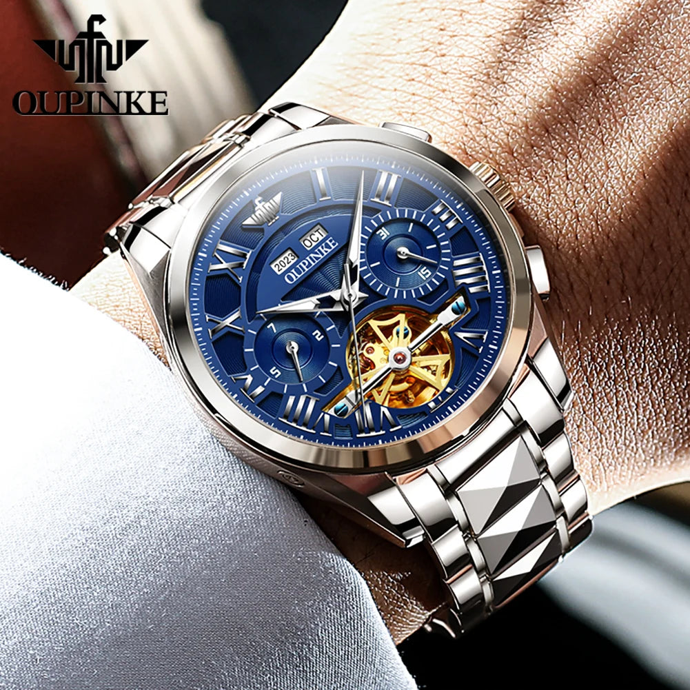 OUPINKE Original Brand Automatic Watch for Men Tungsten steel Skeleton Luminous Waterproof Watches Luxury Wristwatch 2023 Trend