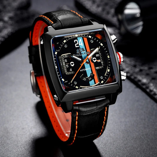 2024 Fashion Men Automatic Wristwatch Luxury Design Tourbillon Waterproof Classic Square Leather Strap Mechanical Clock Man Gift