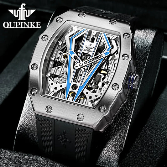 OUPINKE Men's Watches Top Brand Skeleton Tonneau Automatic Mechanical Original Watch for Man 50m Waterproof Luminous Sapphire