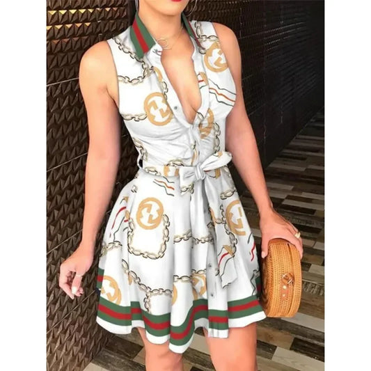 New Summer Women's Fashion Deep V-neck Tie Up Dress Personalized Printed Dress Single Breasted A-line Dress