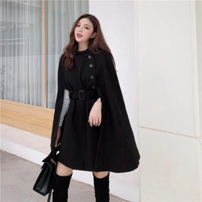 2024Autumn High Quality New Woolen Cloth Shawl Cape Poncho With Belt Women Mid-length Korean Sleeveless Casual Ladies Cape Coats