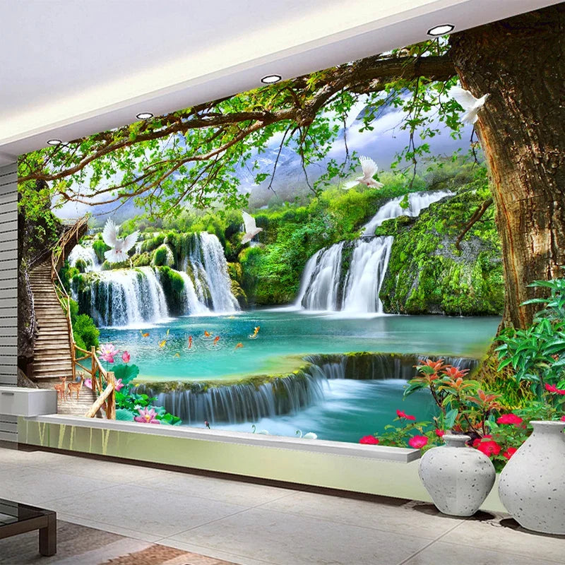 Custom Any Size Green Forest Waterfall Nature Landscape 3D Mural Wallpaper Living Room Bedroom Photo Wall Paper Papel De Parede