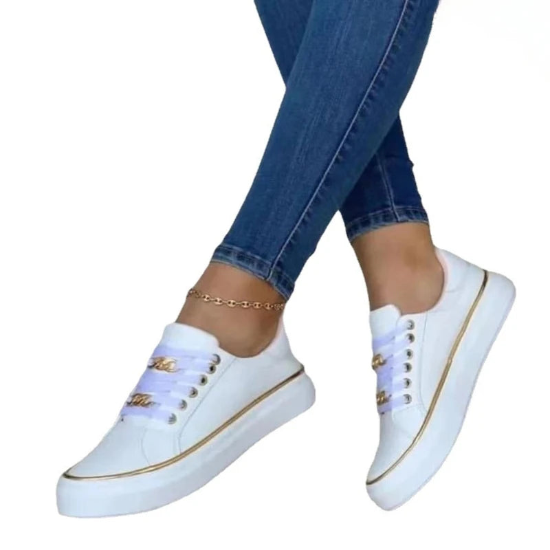 Womens Sneakers Round Toe Lace-up Flat Stylish Leather Casual Shoe Comfortable Women Vulcanized Shoes Lightweight Tenis De Mujer