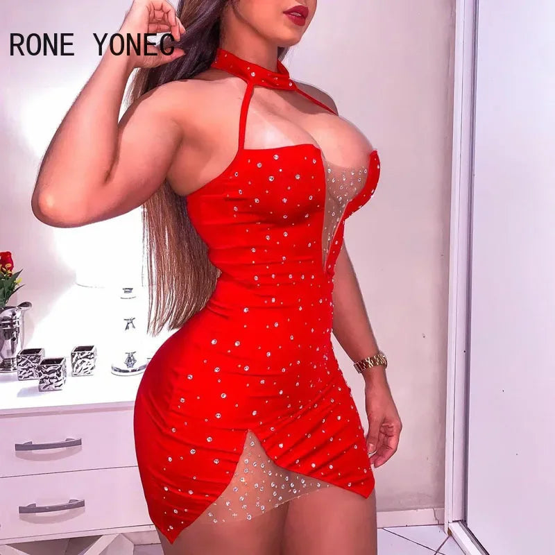 Women Sexy Patchwork Halter Rhinestone Backless Deep V neck Mesh Bodycon Mini Sexy Red Dresses