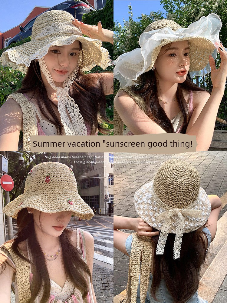 Straw Hat Japanese Style Women's Hand-Woven Summer Outing Lace