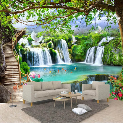 Custom Any Size Green Forest Waterfall Nature Landscape 3D Mural Wallpaper Living Room Bedroom Photo Wall Paper Papel De Parede