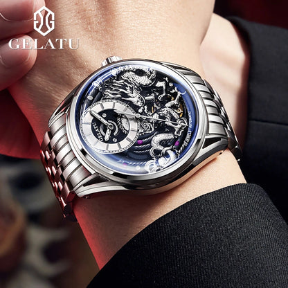 Dragon Watch GELATU Mechanical Men's Watches Waterproof Stainless steel Skeleton 44mm Big Dial Original Automatic Wristwatch NEW