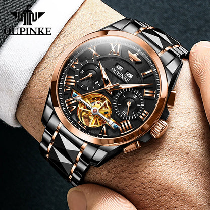 OUPINKE Original Brand Automatic Watch for Men Tungsten steel Skeleton Luminous Waterproof Watches Luxury Wristwatch 2023 Trend