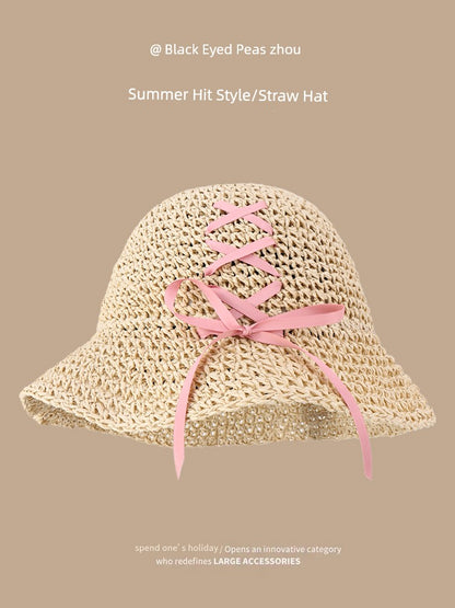 Straw Hat Japanese Style Women's Hand-Woven Summer Outing Lace