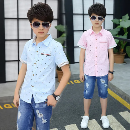 Age 4-13 Years 2023 Summer Toddler Teenage Dot School Boy Clothing Kids Boys Shirts Children Short Sleeve Clothes Tops