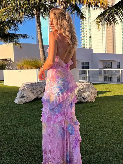 Colorful Ruffles V Neck Sling Dress For Women Sexy Backless Sleeveless Floor Length Slim Robes 2024 Lady Beach Holiday Vestidos