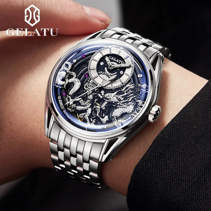 Dragon Watch GELATU Mechanical Men's Watches Waterproof Stainless steel Skeleton 44mm Big Dial Original Automatic Wristwatch NEW