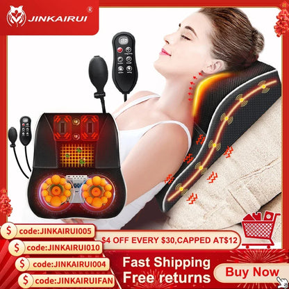 Jinkairui Electric Shiatsu Head Neck Cervical Ttraction Body Massager Car Back Pillow with Heating Vibrating Massage Device