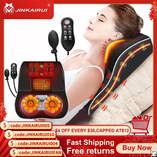 Jinkairui Electric Shiatsu Head Neck Cervical Ttraction Body Massager Car Back Pillow with Heating Vibrating Massage Device
