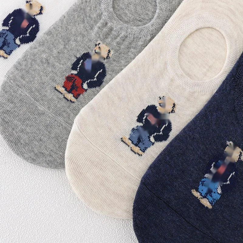 5 pair/batch fashion men boat socks non slip transparent silicone cotton ankle slippers Cartoon bear summer autumn socks