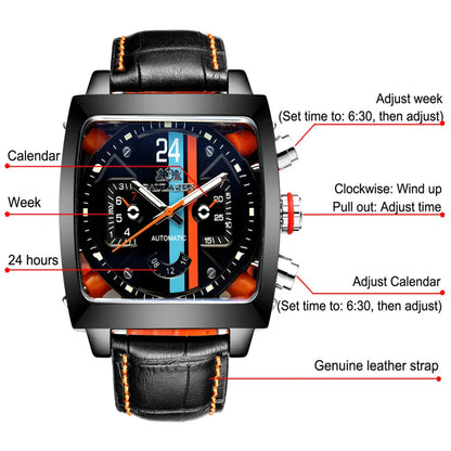 2024 Fashion Men Automatic Wristwatch Luxury Design Tourbillon Waterproof Classic Square Leather Strap Mechanical Clock Man Gift