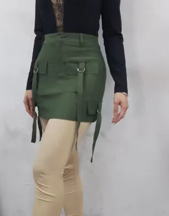 Sexy and Slim2024 Summer Short Skirt Pocket Design Casual Cargo Skirt Strap Solid Color High Waist A-Line Army Green Mini Dress