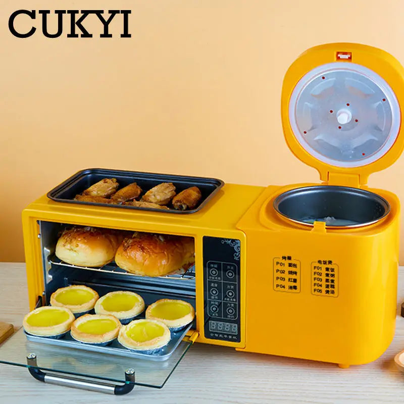 3 In 1 Electric Breakfast Machine Multifunction 1L Rice Cooker 8L Bake Oven Frying Pan Household Bread Pizza Oven Noodles Boiler