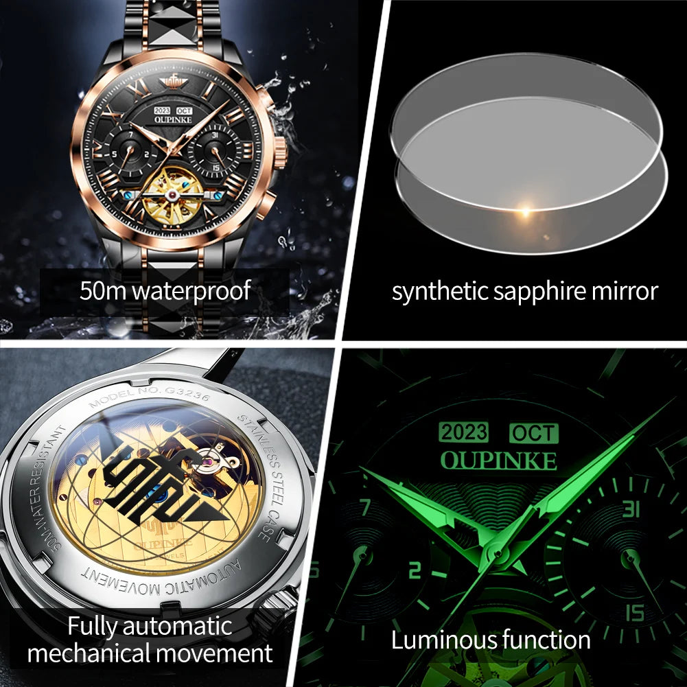 OUPINKE Original Brand Automatic Watch for Men Tungsten steel Skeleton Luminous Waterproof Watches Luxury Wristwatch 2023 Trend