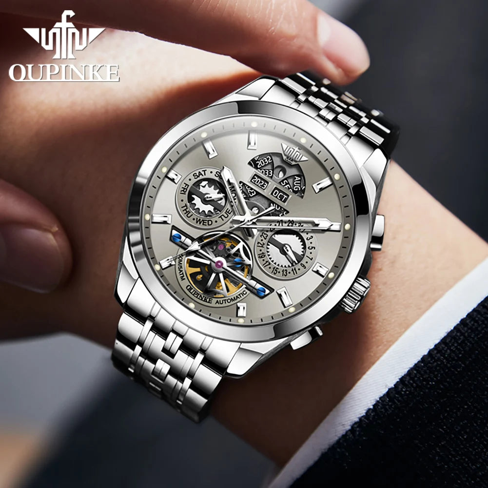 OUPINKE 3251 Fully Automatic Watch for Men Flywheel Hollow Out Multifunctional Dial Stainless steel Waterproof Mechanical Watch