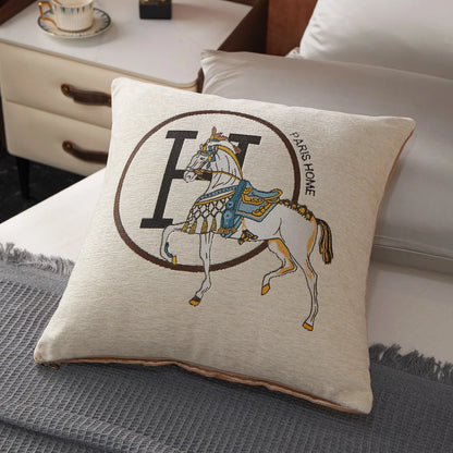Chenille Cushion Cover 45*45cm Horse Embroidered Jacquard Pillow Case Home Decorative Letter Pillowcase Office Sofa Pillow Cover