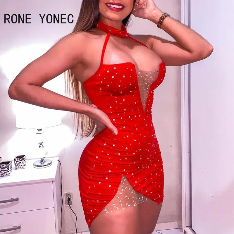 Women Sexy Patchwork Halter Rhinestone Backless Deep V neck Mesh Bodycon Mini Sexy Red Dresses