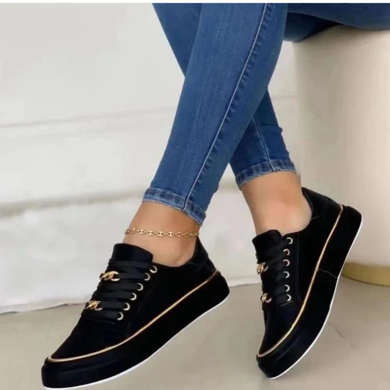 Womens Sneakers Round Toe Lace-up Flat Stylish Leather Casual Shoe Comfortable Women Vulcanized Shoes Lightweight Tenis De Mujer