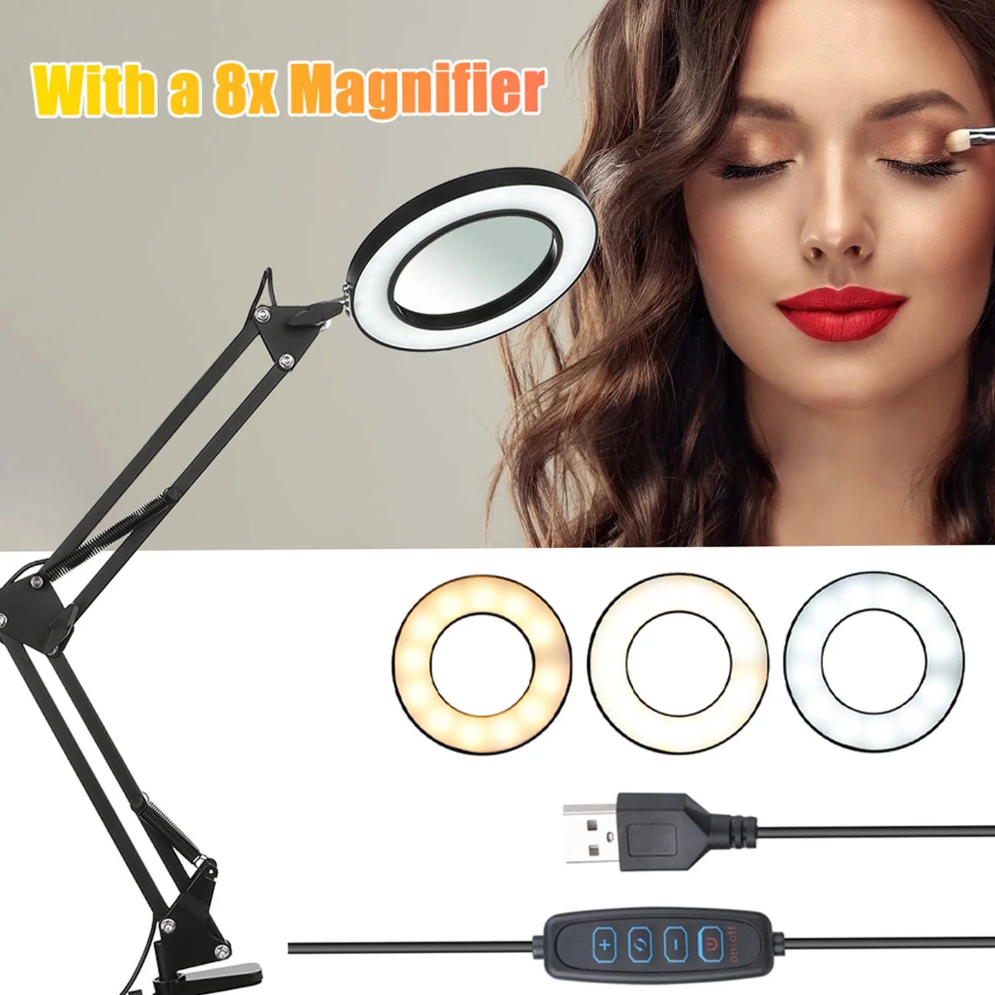 Flexible Clamp-on Table Lamp with 8x Magnifier Glass Swing Arm Dimmable Illuminated Magnifier LEDs Desk Light 3 Color Modes Lamp