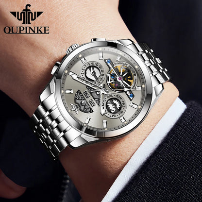 OUPINKE 3251 Fully Automatic Watch for Men Flywheel Hollow Out Multifunctional Dial Stainless steel Waterproof Mechanical Watch