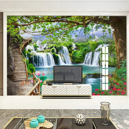 Custom Any Size Green Forest Waterfall Nature Landscape 3D Mural Wallpaper Living Room Bedroom Photo Wall Paper Papel De Parede