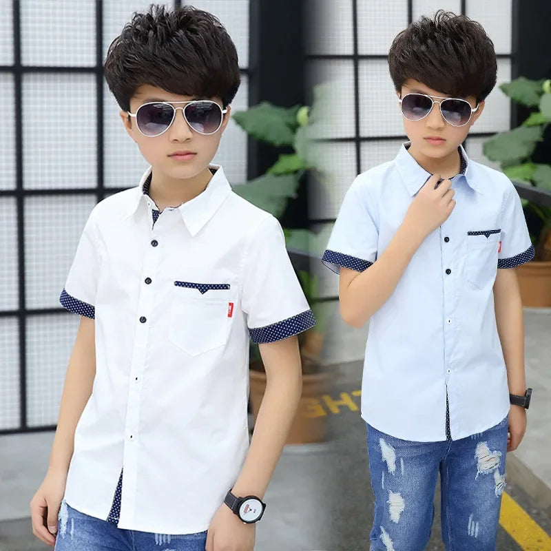 Age 4-13 Years 2023 Summer Toddler Teenage Dot School Boy Clothing Kids Boys Shirts Children Short Sleeve Clothes Tops