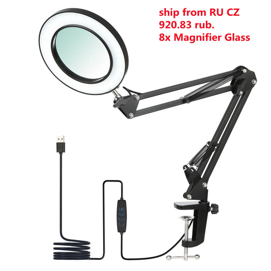 Flexible Clamp-on Table Lamp with 8x Magnifier Glass Swing Arm Dimmable Illuminated Magnifier LEDs Desk Light 3 Color Modes Lamp