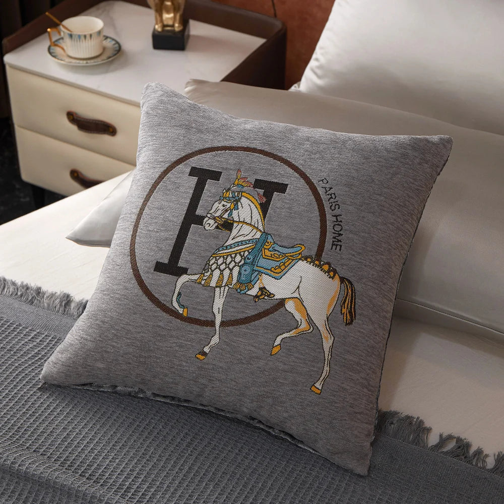 Chenille Cushion Cover 45*45cm Horse Embroidered Jacquard Pillow Case Home Decorative Letter Pillowcase Office Sofa Pillow Cover
