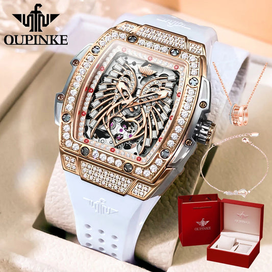 OUPINKE Luxury Original Mechanical Watch for Women Silicone Strap Sapphire Mirror Diamond Angel Wing Design Automatic Wristwatch