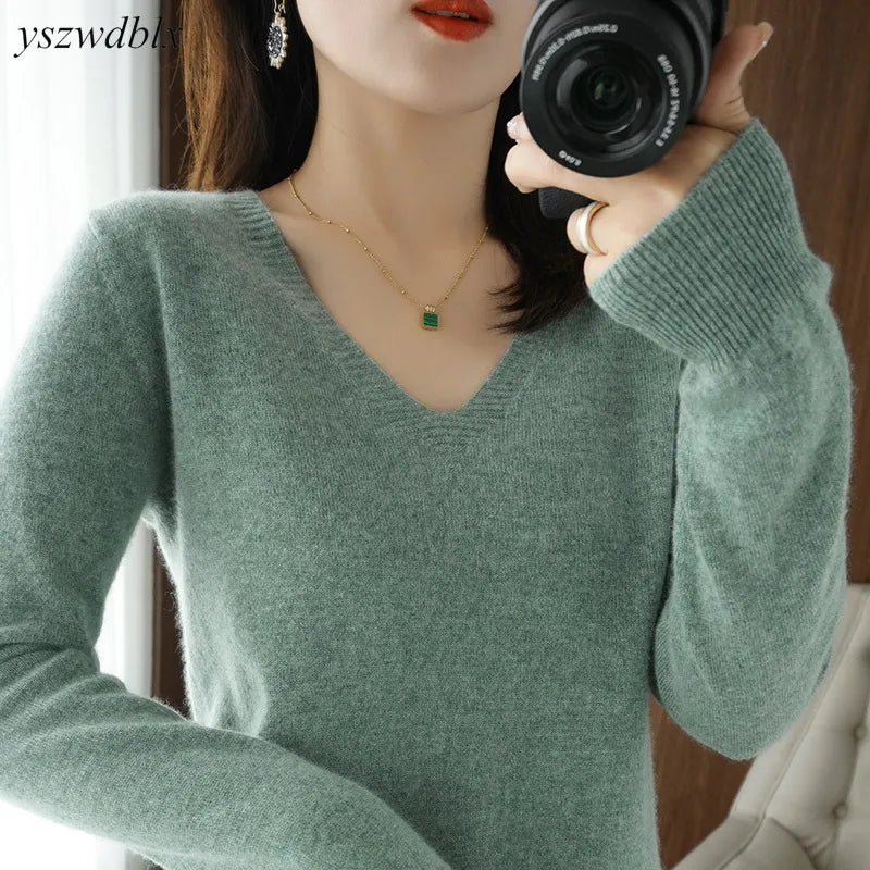 YSZWDBLX Sweaters Women Casual V-neck Solid Jumpers Pullovers Spring Autumn Womens Sweater Winter Warm Knitwear Bottoming Shirt