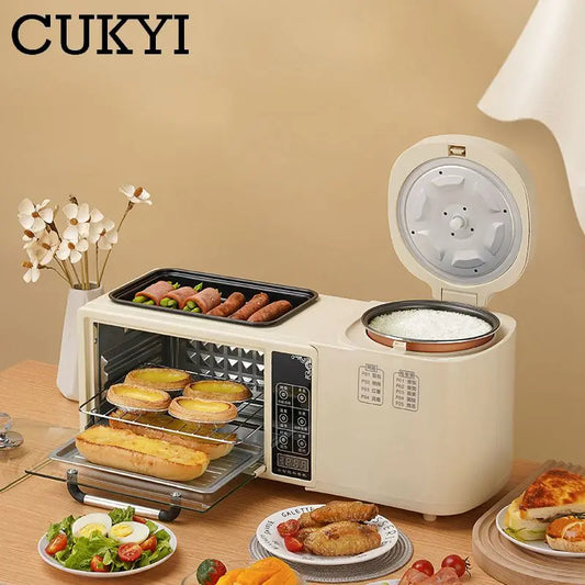 3 In 1 Electric Breakfast Machine Multifunction 1L Rice Cooker 8L Bake Oven Frying Pan Household Bread Pizza Oven Noodles Boiler