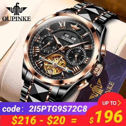 OUPINKE Original Brand Automatic Watch for Men Tungsten steel Skeleton Luminous Waterproof Watches Luxury Wristwatch 2023 Trend