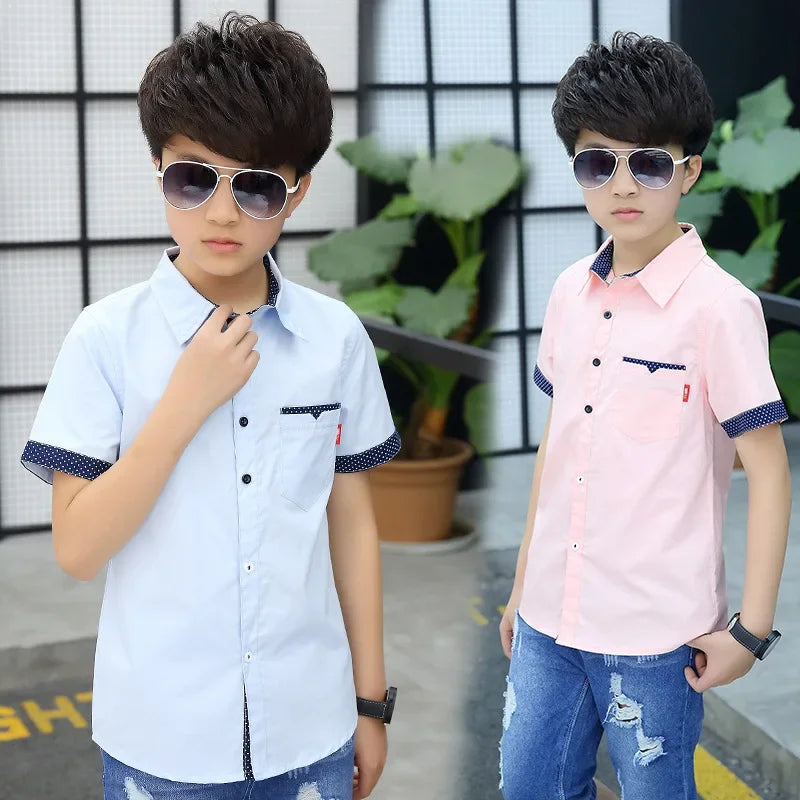 Age 4-13 Years 2023 Summer Toddler Teenage Dot School Boy Clothing Kids Boys Shirts Children Short Sleeve Clothes Tops