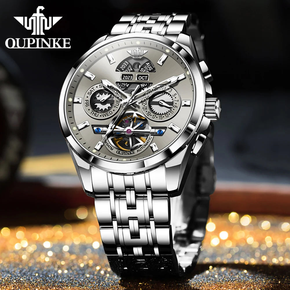 OUPINKE 3251 Fully Automatic Watch for Men Flywheel Hollow Out Multifunctional Dial Stainless steel Waterproof Mechanical Watch