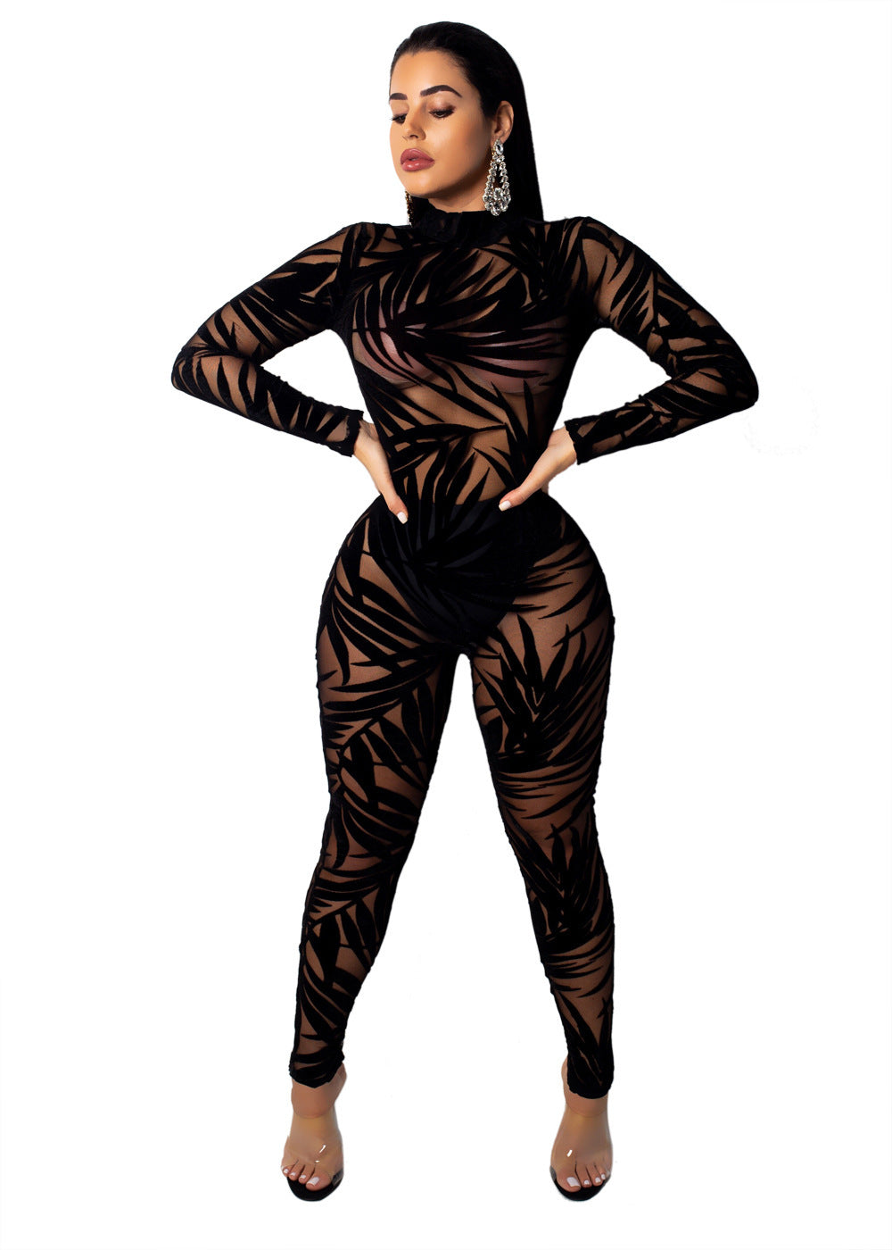 Bandage Long Sleeve One Piece Bamboo Leaf Mesh Jumpsuit