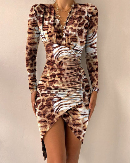 Autumn And Winter Long Sleeve V-neck Printed Tight Split Dress Women's Clothing