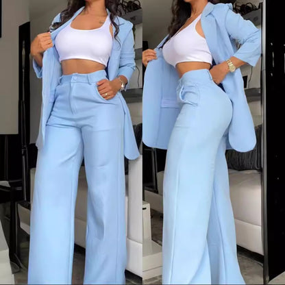 Pure Color Split Sleeve Lapel Suit Straight-leg Pants Suit Women