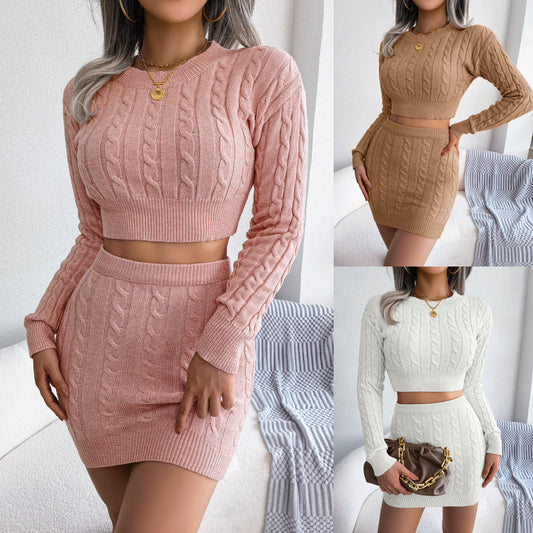 Casual Twist Cropped Sweater Package Hip Skirt Set