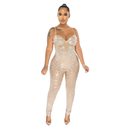 Women's Pure Color Mesh Rhinestone Sleeveless Trousers Jumpsuit