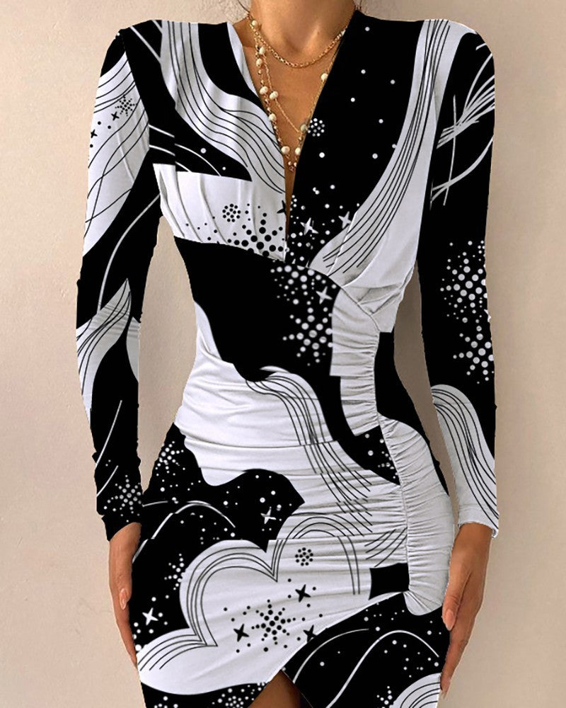 Autumn And Winter Long Sleeve V-neck Printed Tight Split Dress Women's Clothing