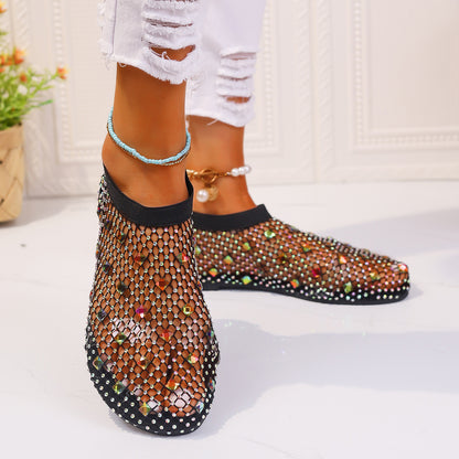 Fashion Mesh Flat Sandals With Colorful Rhinestone Design Summer New Round Toe Beach Shoes For Women