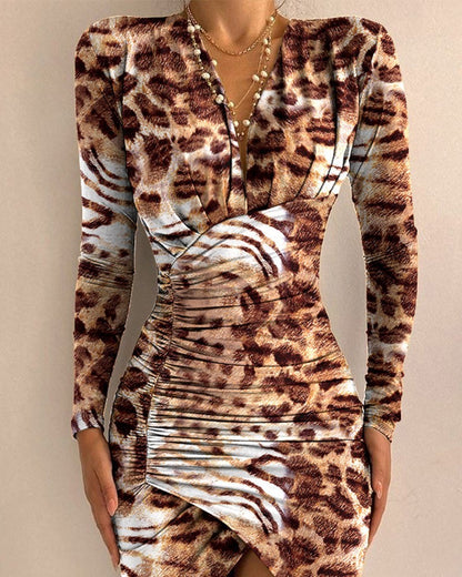 Autumn And Winter Long Sleeve V-neck Printed Tight Split Dress Women's Clothing