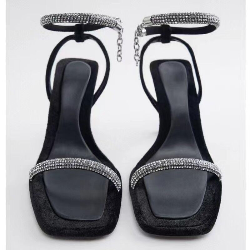 Square Toe Rhinestone Stiletto Sandals Women